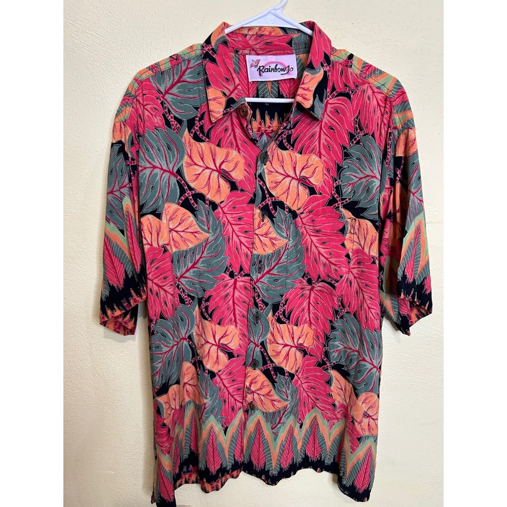 Rainbow Jo Colorful Leaf Print Button Down Short Sleeve Retro Hawaiian Large‎